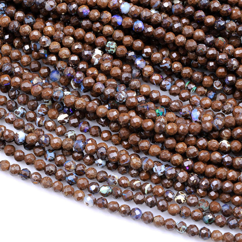 Natural Australian Boulder Opal Tiny Micro Faceted 2mm Round Beads Beautiful Flashy Opal Veins 16" Strand
