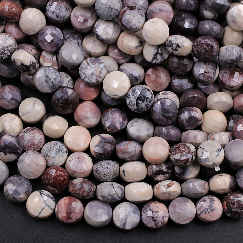 AAA Natural Porcelain Jasper Faceted Coin 8mm Beads Pink Cream Grey Mauve Purple Gemstone 16" Strand
