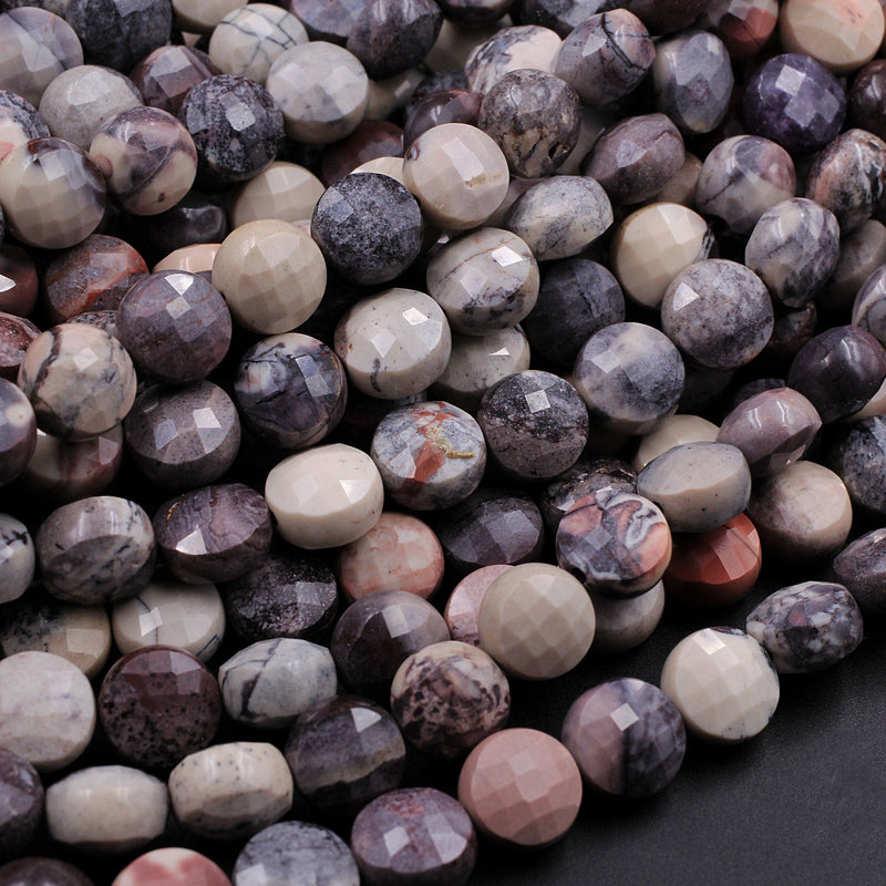 AAA Natural Porcelain Jasper Faceted Coin 8mm Beads Pink Cream Grey Mauve Purple Gemstone 16" Strand