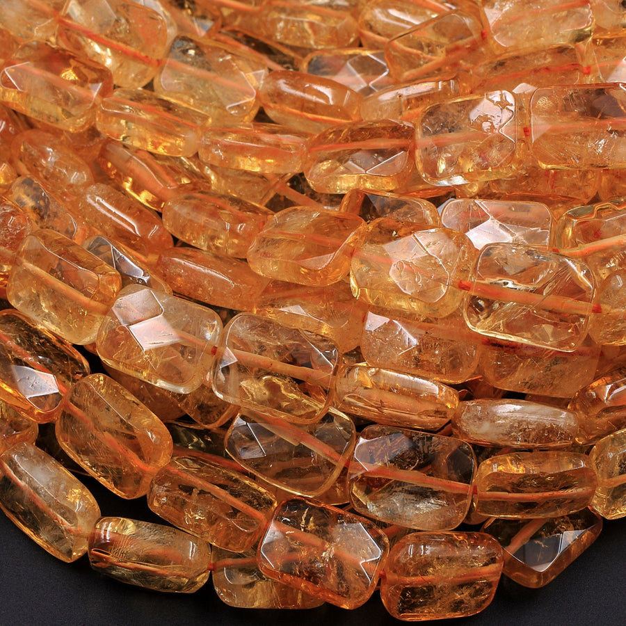 AAA Natural Golden Citrine Rectangle Faceted 10mm 14mm 16mm Cushion Geometric Cut Large Flat Nugget Yellow Real Genuine Gemstone 16" Strand