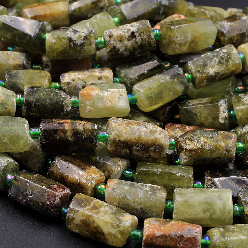 Matte Natural Green Garnet Rough Raw Tube Rectangle Barrel Cylinder Beads Nuggets Polished Real Genuine Green Gemstone 16" Strand