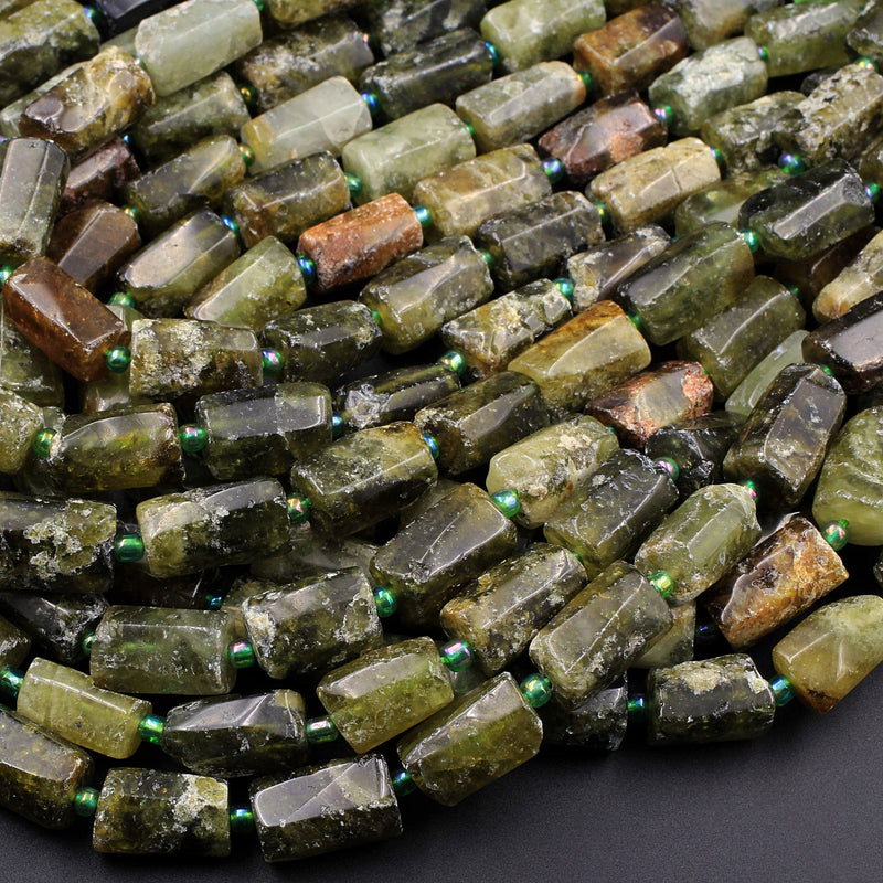 Matte Natural Green Garnet Rough Raw Tube Rectangle Barrel Cylinder Beads Nuggets Polished Real Genuine Green Gemstone 16" Strand