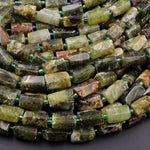 Matte Natural Green Garnet Rough Raw Tube Rectangle Barrel Cylinder Beads Nuggets Polished Real Genuine Green Gemstone 16" Strand