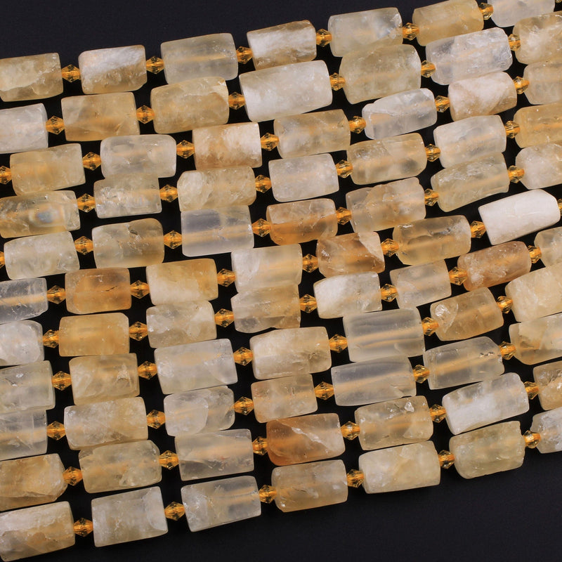 Organic Cut Raw Rough Matte Natural Golden Citrine Frosty Faceted Nuggets Rectangle Tube Gemstone Beads 16" Strand