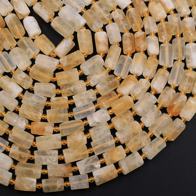 Organic Cut Raw Rough Matte Natural Golden Citrine Frosty Faceted Nuggets Rectangle Tube Gemstone Beads 16" Strand
