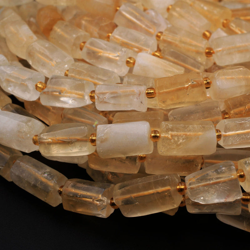 Organic Cut Raw Rough Matte Natural Golden Yellow Citrine Frosty Faceted Nuggets Rectangle Tube Gemstone Beads 16" Strand