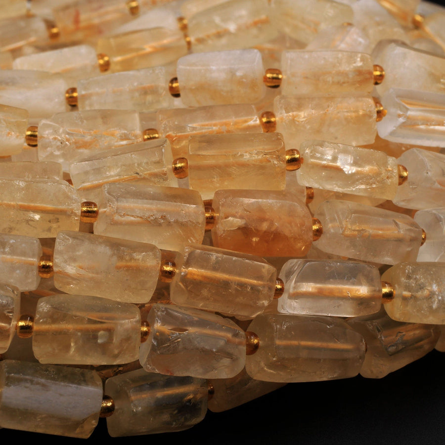 Organic Cut Raw Rough Matte Natural Golden Yellow Citrine Frosty Faceted Nuggets Rectangle Tube Gemstone Beads 16" Strand