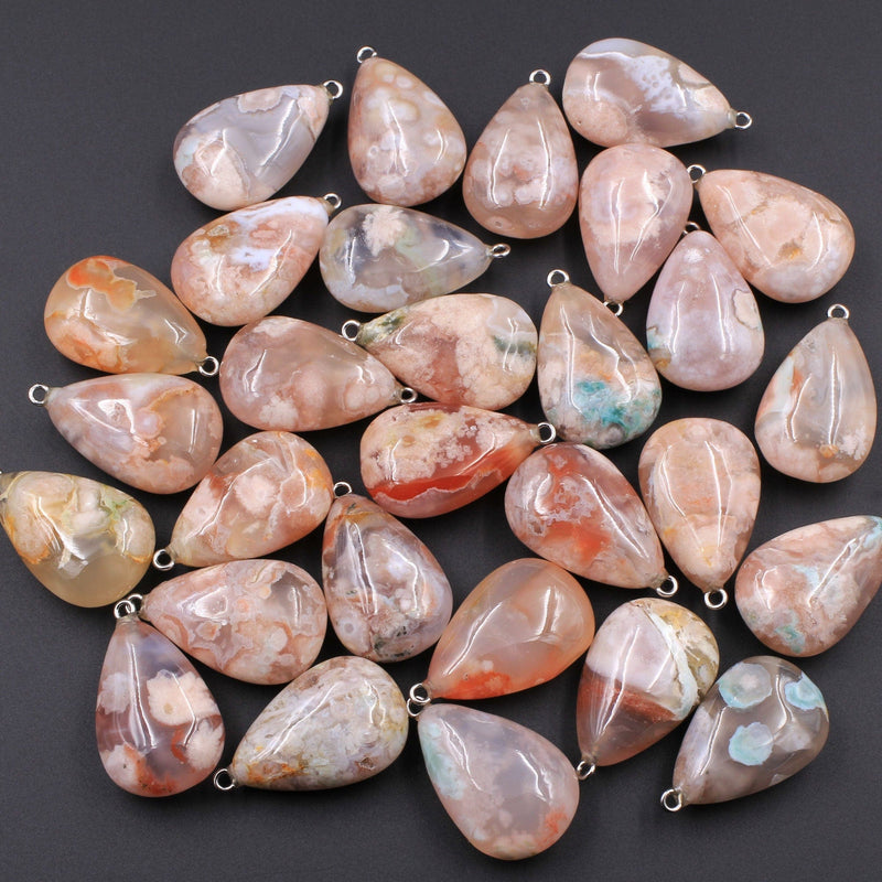 AAA Natural Cherry Blossom Agate Teardrop Pendant Small Puffy Gemmy Natural Pink Peach Stone Pendant
