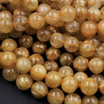 Natural Golden Rutile Quartz 10mm Round Gold Yellow Rutilated Quartz Beads Tons of Sharp Rutile Hair Needle 16" Strand