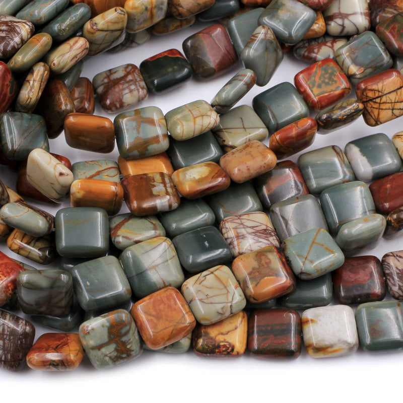Red Creek Jasper Square Beads 12mm Red Green Yellow Brown Natural Cherry Creek Multi Color Multicolor Picasso Jasper 16" Strand