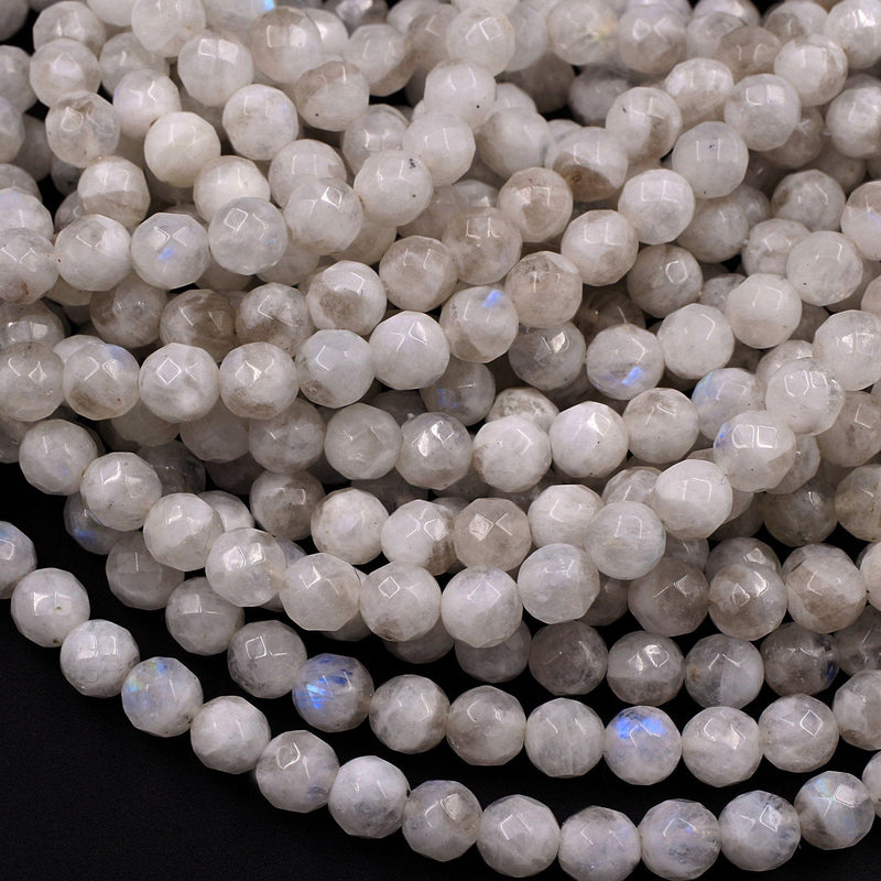 Faceted Natural Rainbow Moonstone 6mm 8mm 10mm Round Beads Blue Flashes W Interesting Smoky Quartz Matrix 16" Strand