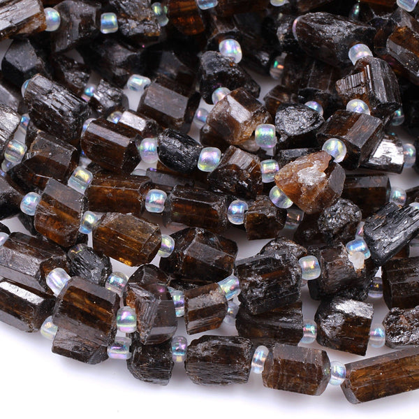 Raw Natural Honey Cognac Yellow Dravite Tourmaline Beads Nugget Short Chunky Real Genuine Tourmaline Crystal Gemstones Tube Stick 15.5" Strand