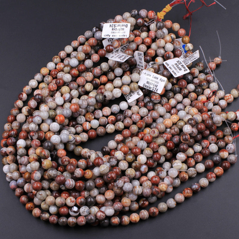 Natural Laguna Lace Agate 4mm 6mm 8mm 10mm Round Red Orange Cream Grey Beads From Mexico 16" Strand