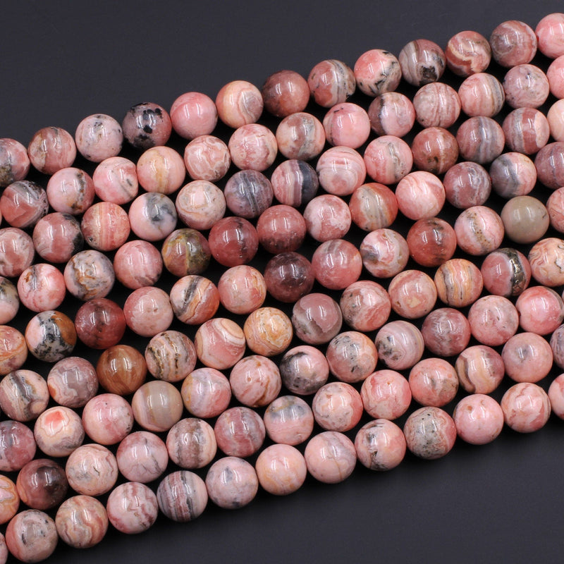 Natural Pink Rhodochrosite 9mm Smooth Polished Round Beads Genuine Red Pink Gemstone 16" Strand