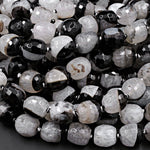 Faceted Natural Agate Barrel Drum Cylinder Beads 12mm 14mm Polished High Quality Gemmy Black White Quartz Stripe Beads 16" Strand