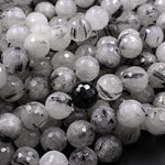 Natural Black Tourmaline Rutilated Rutile Quartz Round Beads 6mm 8mm 10mm 12mm 14mm 16mm Faceted Large Black Quartz Gemstone 16" Strand
