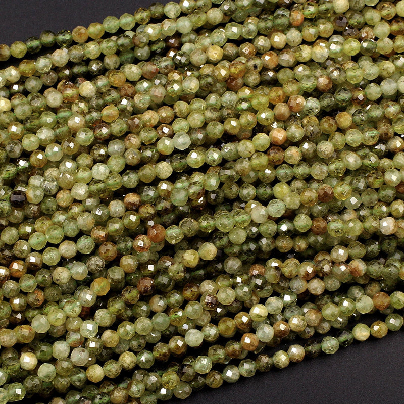Micro Faceted Natural Green Garnet Round Beads 4mm Faceted Round Beads Laser Diamond Cut Gemstone 16" Strand