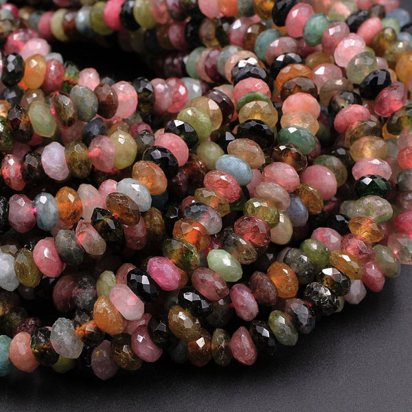 Natural Multicolor Tourmaline Micro Faceted Rondelle 5mm Pink Green Blue Orange Cognac Beads 16" Strand
