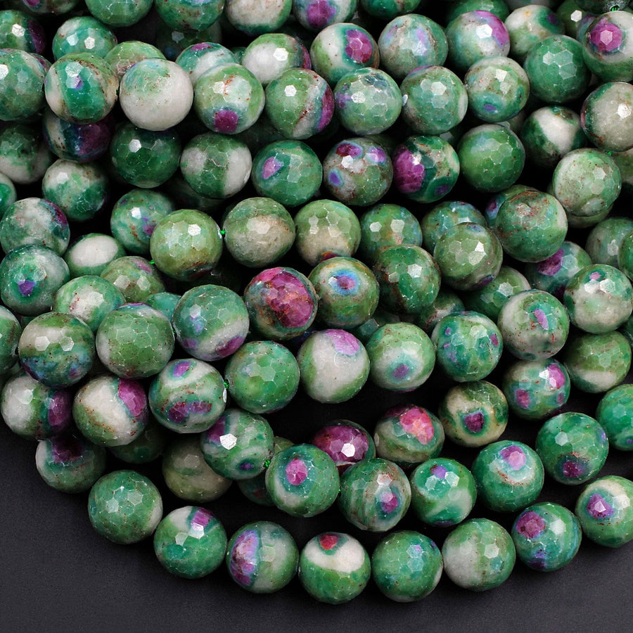 Natural Ruby Fuchsite Large Faceted Round 12mm Red Ruby Green Fuchsite Gemstone Fuschite 16" Strand