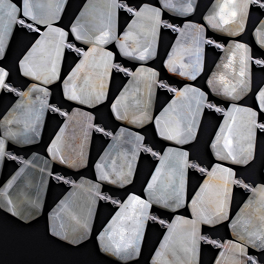 Natural Silvery White Gray Moonstone Faceted Trapezoid Rectangle Beads Side Drilled Tapered Teardrop Shape Cut Focal Pendant 16" Strand