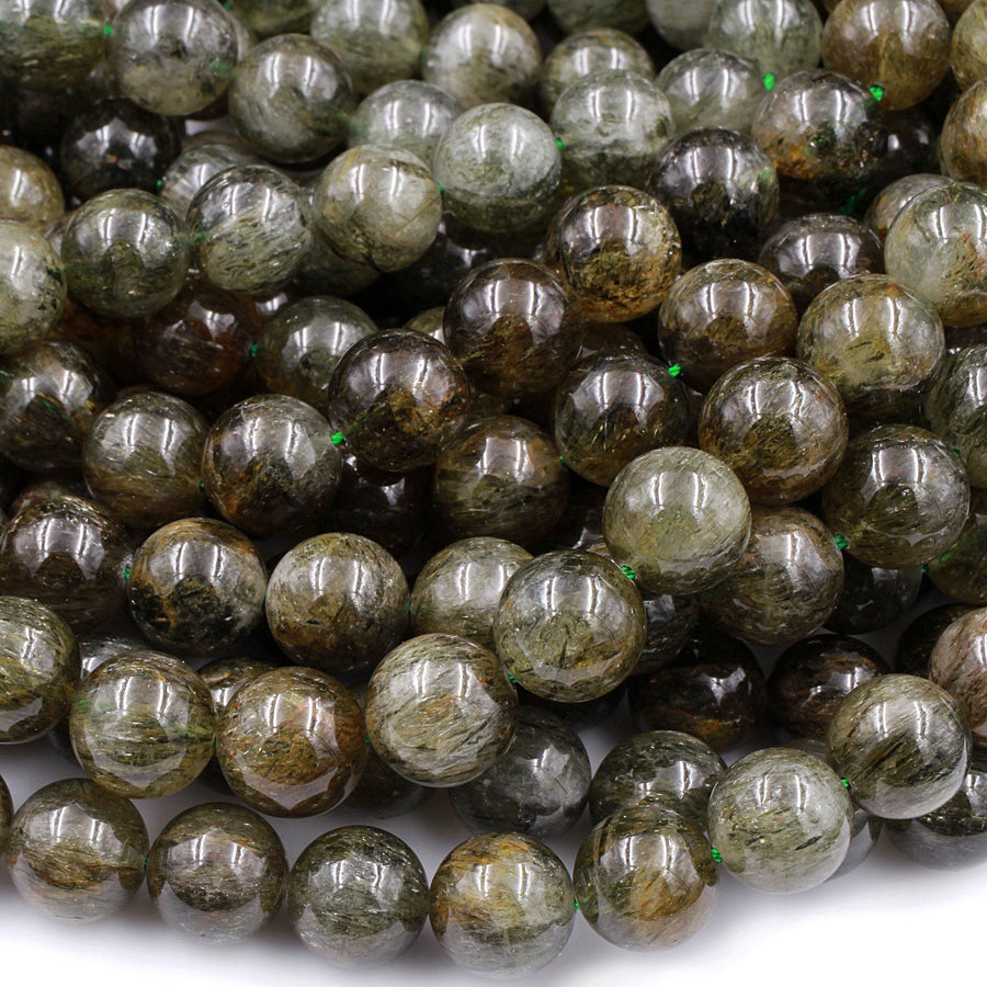 Rare Green Tourmaline Rutilated Quartz Large 10mm 12mm Round Beads Real Genuine Natural Tourmaline Rutile in Quartz Gemstone 15.5" Strand