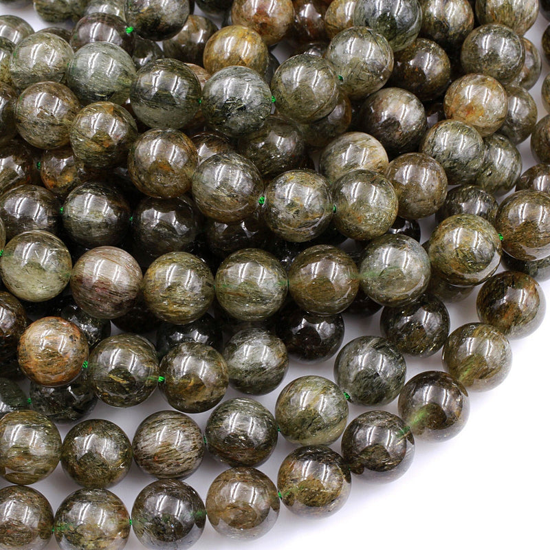 Rare Green Tourmaline Rutilated Quartz Large 10mm 12mm Round Beads Real Genuine Natural Tourmaline Rutile in Quartz Gemstone 15.5" Strand