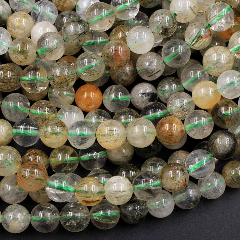 Rare Green Tourmaline Rutilated Quartz 6mm 8mm 10mm 12mm Round Beads Real Genuine Natural Tourmaline Rutile in Quartz Gemstone 16" Strand