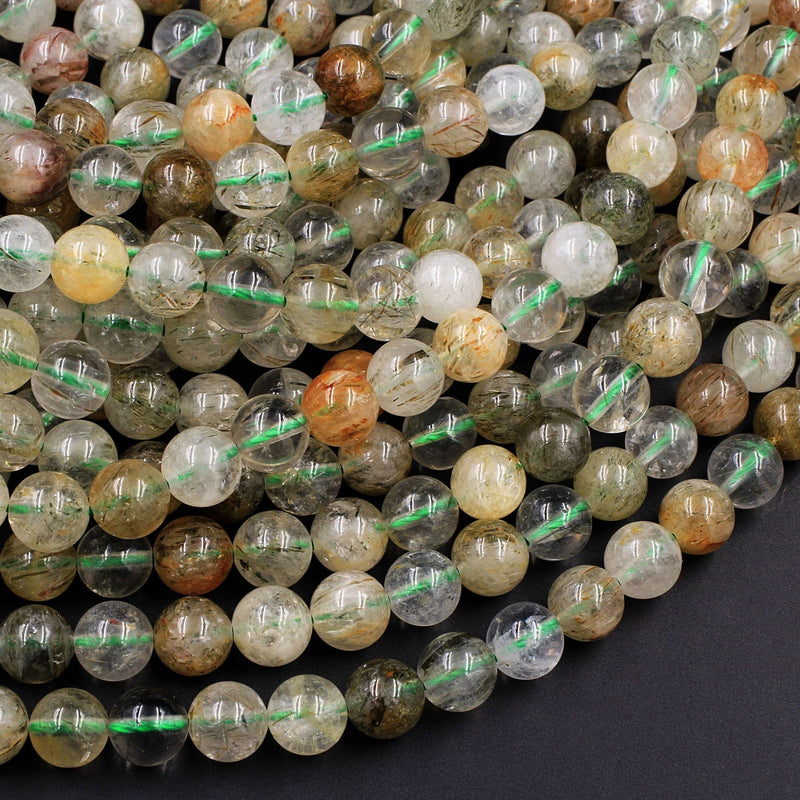 Rare Green Tourmaline Rutilated Quartz 6mm 8mm 10mm 12mm Round Beads Real Genuine Natural Tourmaline Rutile in Quartz Gemstone 16" Strand