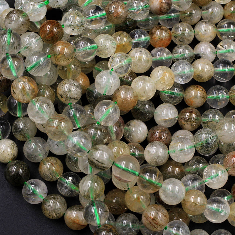 Rare Green Tourmaline Rutilated Quartz 6mm 8mm 10mm 12mm Round Beads Real Genuine Natural Tourmaline Rutile in Quartz Gemstone 16" Strand