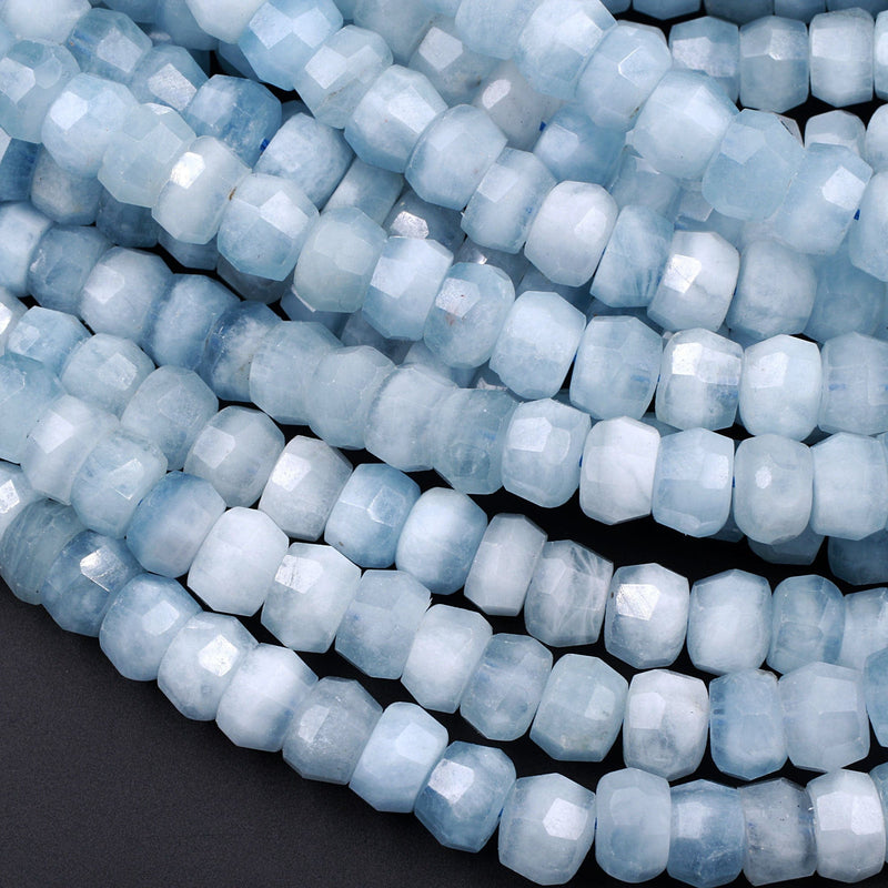 Extra Gemmy Natural Aquamarine Faceted Rondelle 9mm 10mm Beads Sea Blue Color Faceted Saucer Wheel Superior AAA Grade 16" Strand