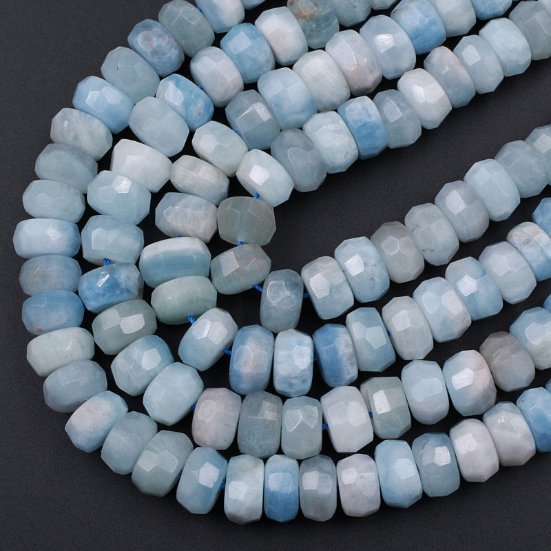 Extra Gemmy Natural Aquamarine Faceted Rondelle 10mm Beads Sea Blue Color Faceted Saucer Wheel 16" Strand