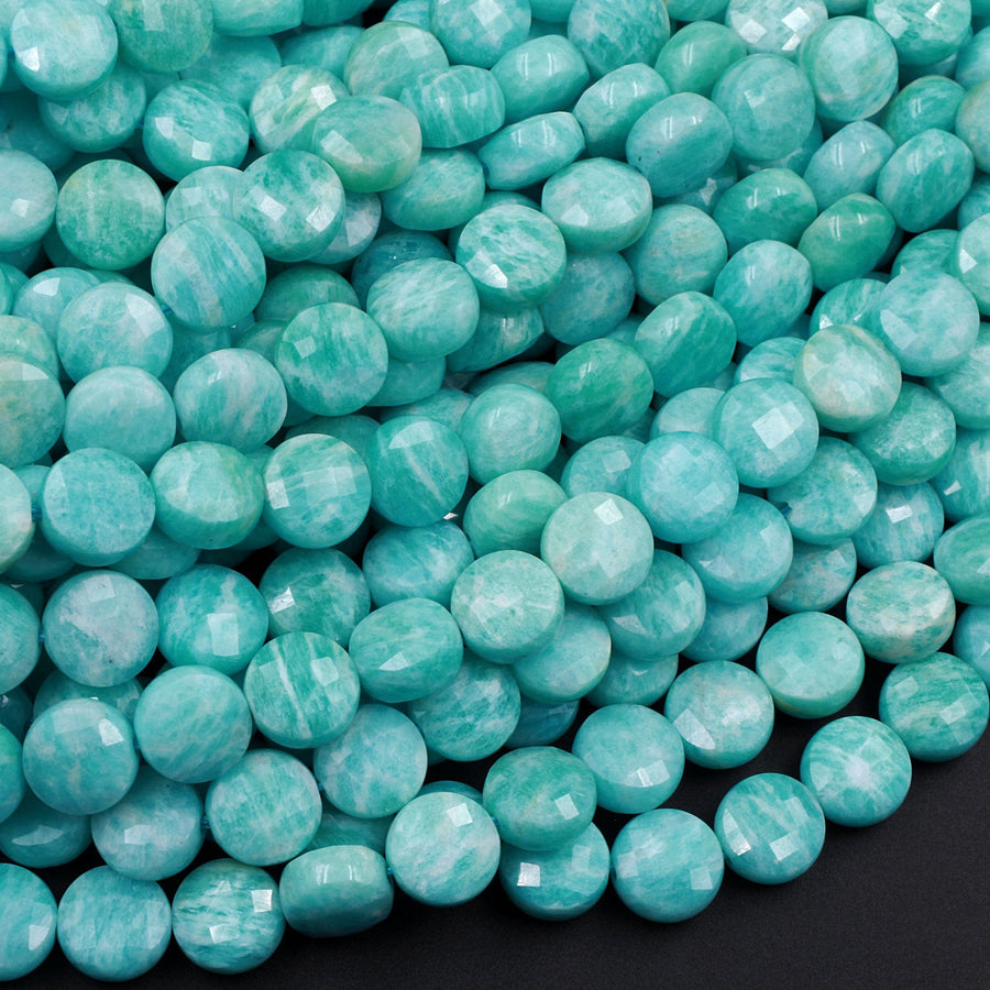 AAA Peruvian Amazonite Faceted Coin Beads 8mm Micro Faceted Stunning Natural Blue Green Laser Diamond Cut Gemstone 16" Strand