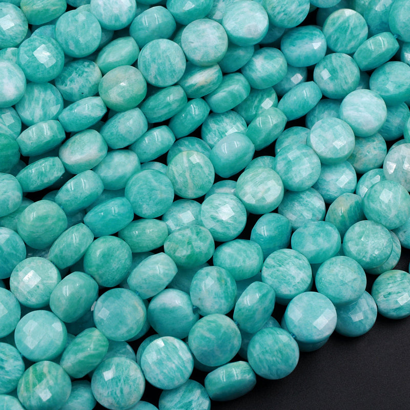 AAA Peruvian Amazonite Faceted Coin Beads 8mm Micro Faceted Stunning Natural Blue Green Laser Diamond Cut Gemstone 16" Strand