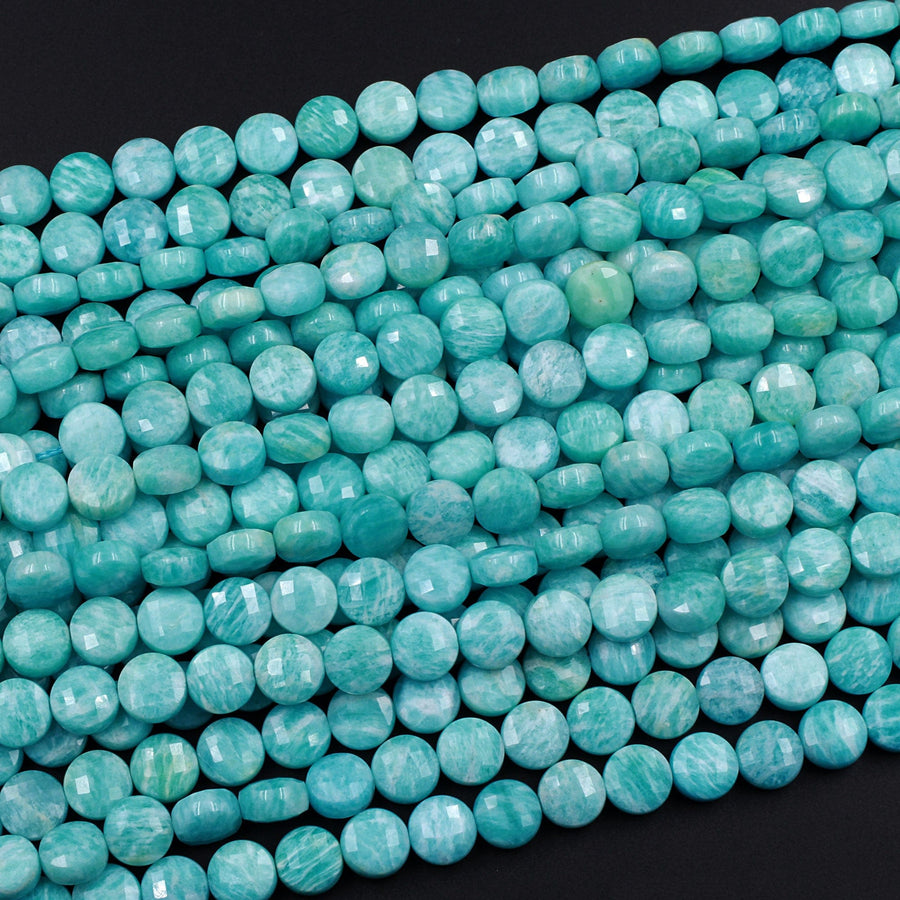 AAA Peruvian Amazonite Faceted Coin Beads 8mm Micro Faceted Stunning Natural Blue Green Laser Diamond Cut Gemstone 16" Strand