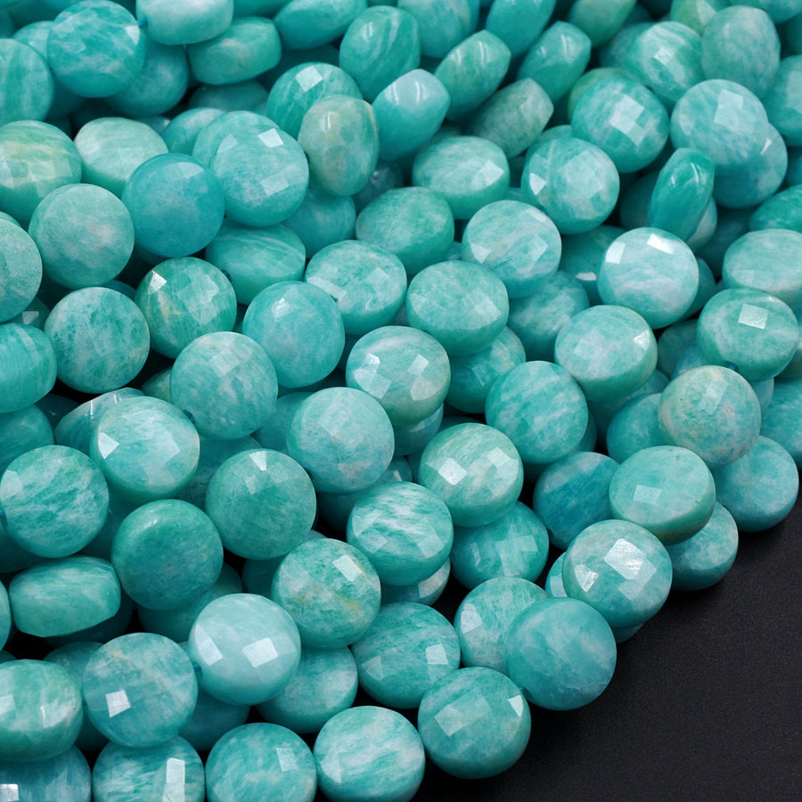 AAA Peruvian Amazonite Faceted Coin Beads 8mm Micro Faceted Stunning Natural Blue Green Laser Diamond Cut Gemstone 16" Strand