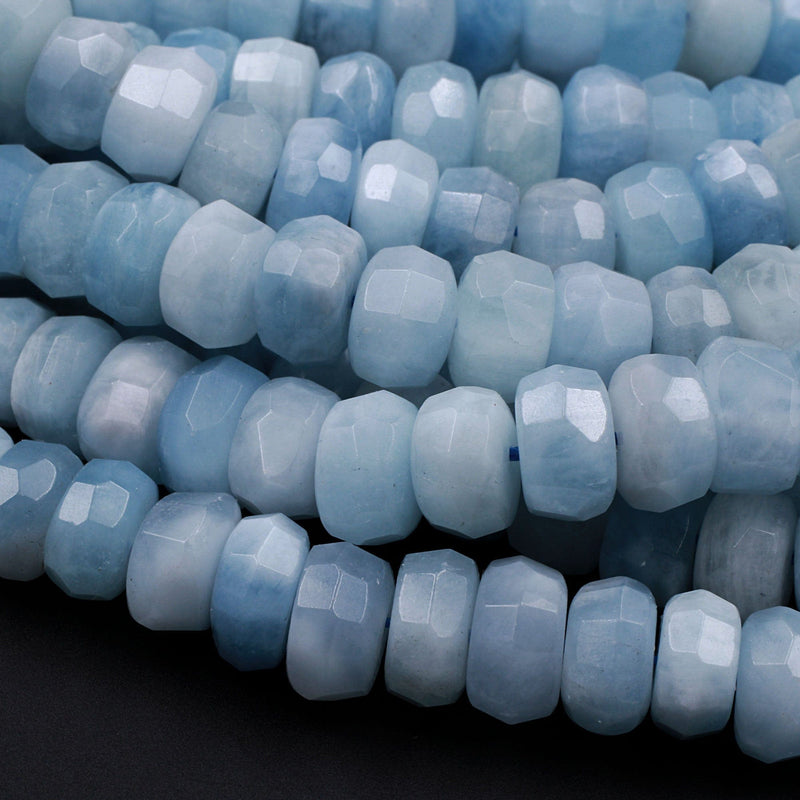 Extra Gemmy Natural Aquamarine Faceted Rondelle 10mm Beads Sea Blue Color Faceted Saucer Wheel Superior AAA Grade 16" Strand