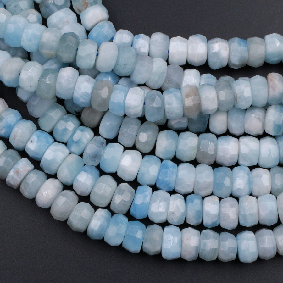 Extra Gemmy Natural Aquamarine Faceted Rondelle 10mm Beads Sea Blue Color Faceted Saucer Wheel 16" Strand