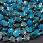 Natural Blue Apatite Faceted Square Beads 8mm 10mm Teal Blue Gemstone Cushion Pillow Beads 15.5" Strand