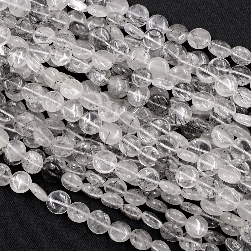 Natural Black Rutilated Quartz Coin Beads 8mm 10mm 12mm Black Tourmaline Rutile Quartz Gemstone Smooth Coin Good For Earrings 16" Strand
