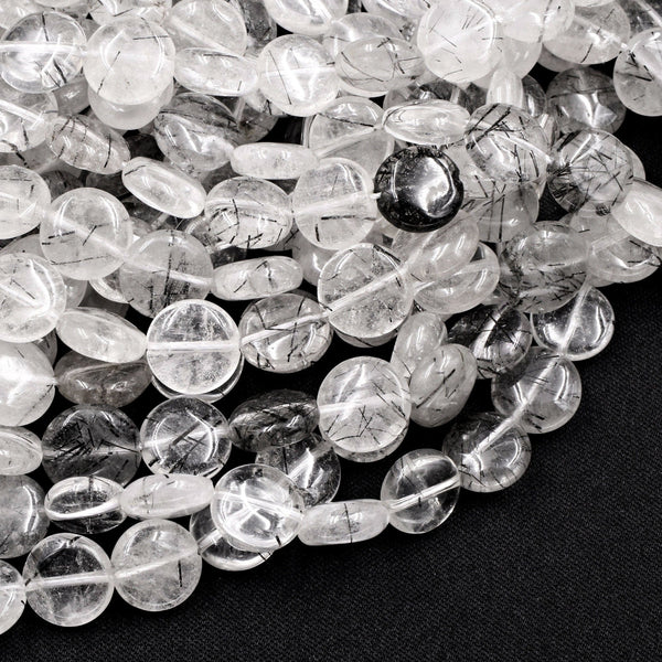 Natural Black Rutilated Quartz Coin Beads 8mm 10mm 12mm Black Tourmaline Rutile Quartz Gemstone Smooth Coin Good For Earrings 16" Strand