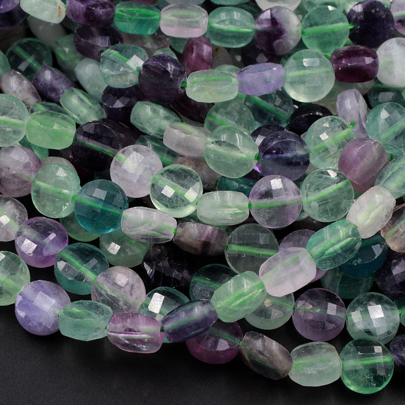 Faceted Natural Fluorite 8mm Coin Flat Disc Dazzling Facets Stunning Gemmy Green Purple Gemstone Diamond Cut Gemstone 15.5" Strand