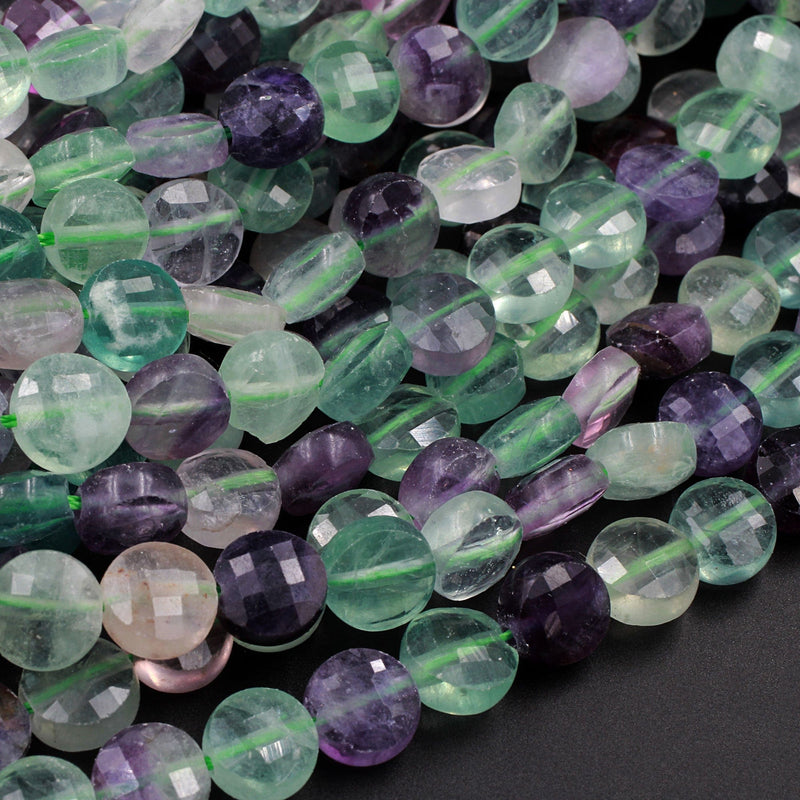 Faceted Natural Fluorite 8mm Coin Flat Disc Dazzling Facets Stunning Gemmy Green Purple Gemstone Diamond Cut Gemstone 15.5" Strand