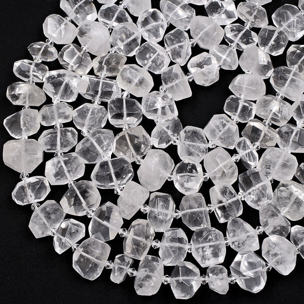 Faceted Natural Rock Quartz Beads Freeform Nugget Clear Sparkling Gemstone 16" Strand