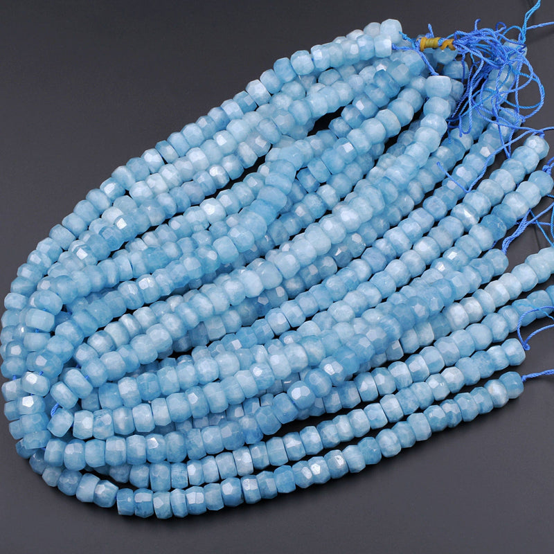 AAA Large Natural Aquamarine Faceted Rondelle 10mm Beads Intense Blue Color Faceted Saucer Wheel Real Genuine Aquamarine Gemstone 16" Strand