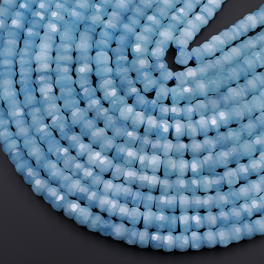 Extra Gemmy Natural Aquamarine Faceted Rondelle 10mm 12mm Beads Sea Blue Color Faceted Saucer Wheel Superior AAA Grade 16" Strand