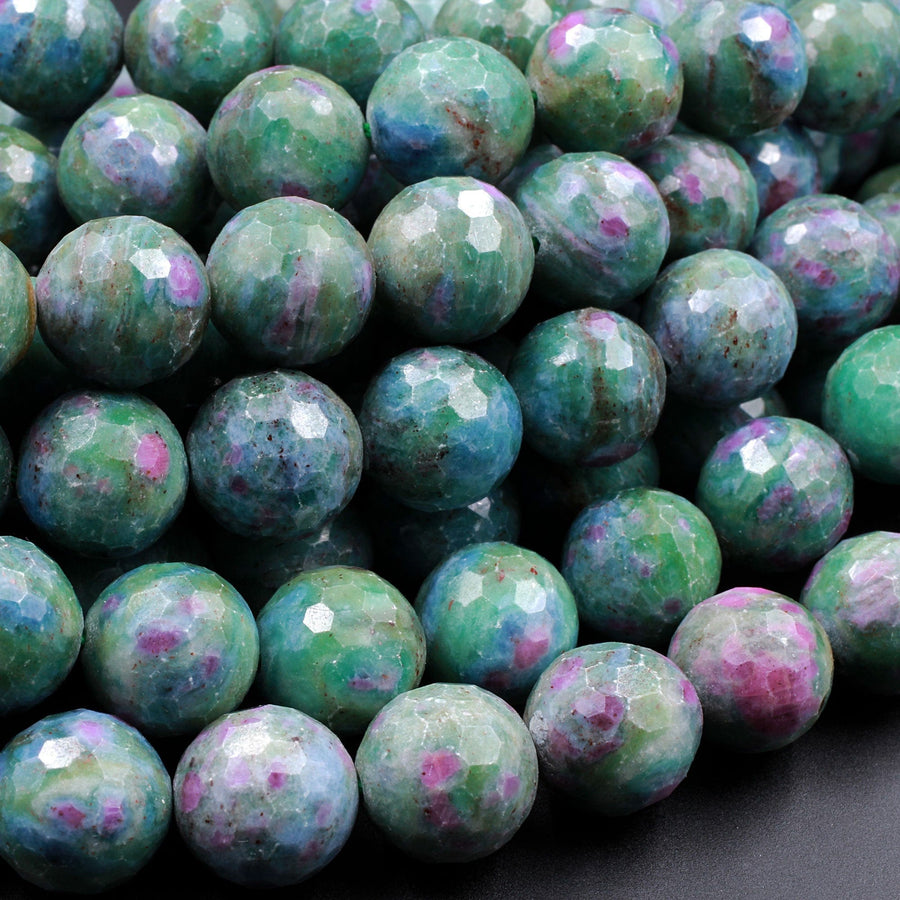 Faceted Natural Ruby Fuchsite Round Beads 6mm 8mm 10mm 12mm 14mm Red Ruby Green Fuchsite Blue Kyanite Gemstone 15.5" Strand