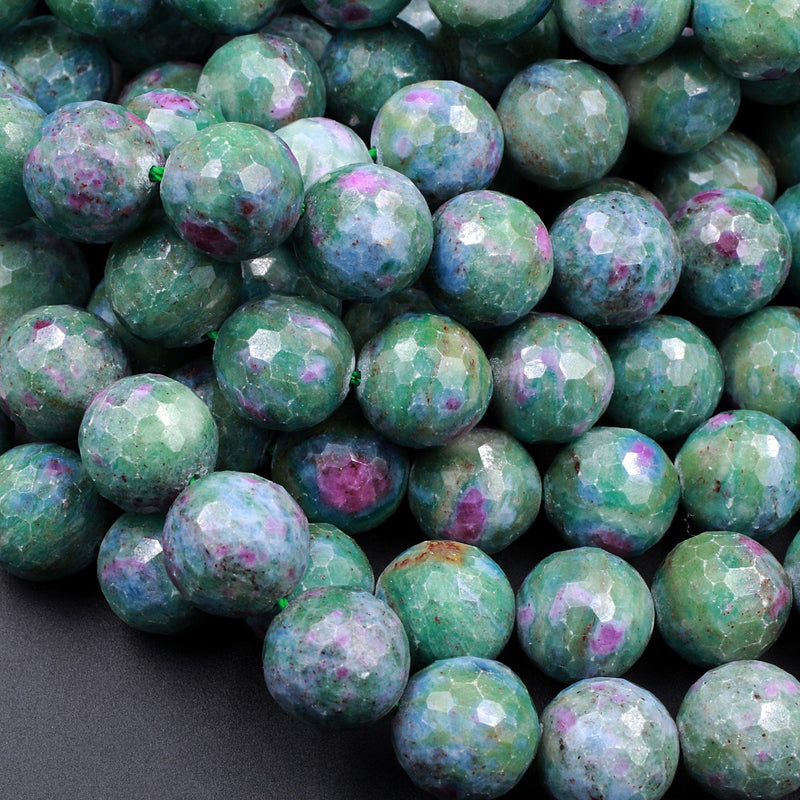 Natural Ruby Fuchsite Large Faceted Round 6mm 8mm 10mm 12mm Red Ruby Green Fuchsite Gemstone Fuschite 16" Strand