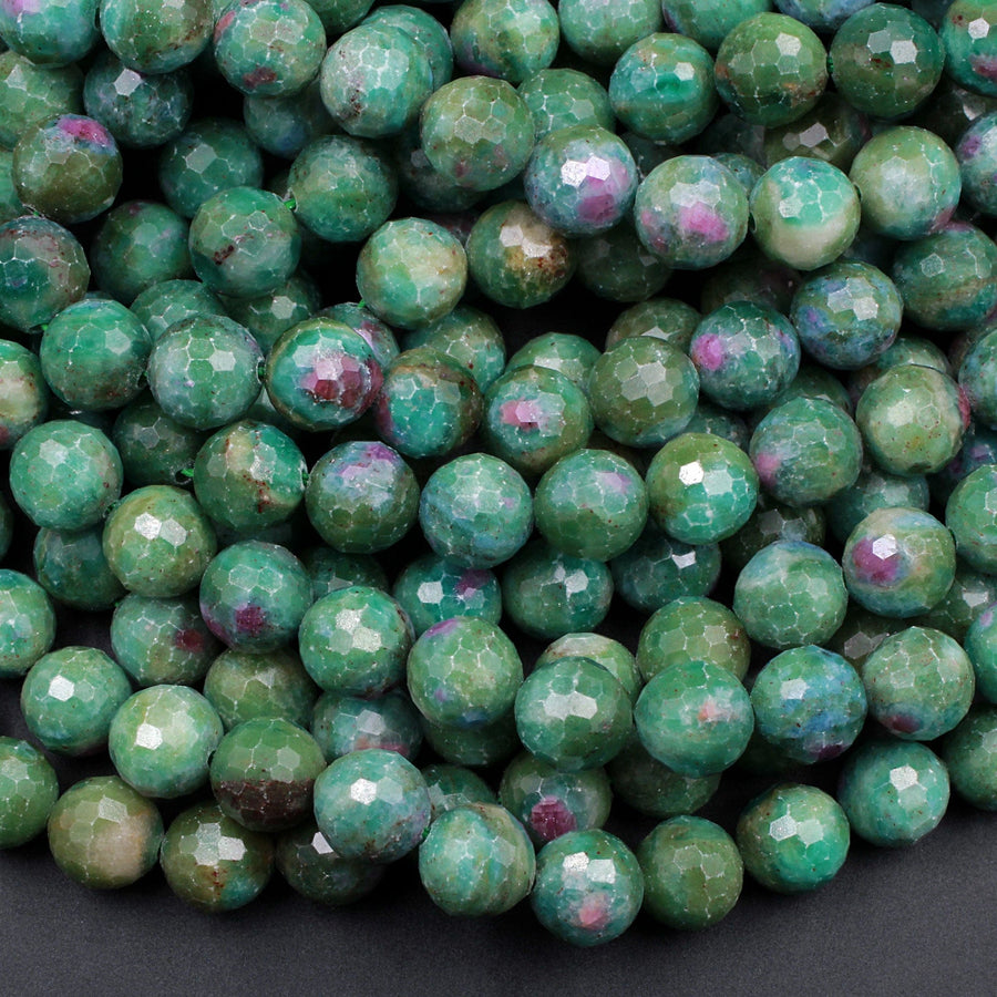 Natural Ruby Fuchsite Large Faceted Round 6mm 8mm 10mm 12mm Red Ruby Green Fuchsite Gemstone Fuschite 16" Strand