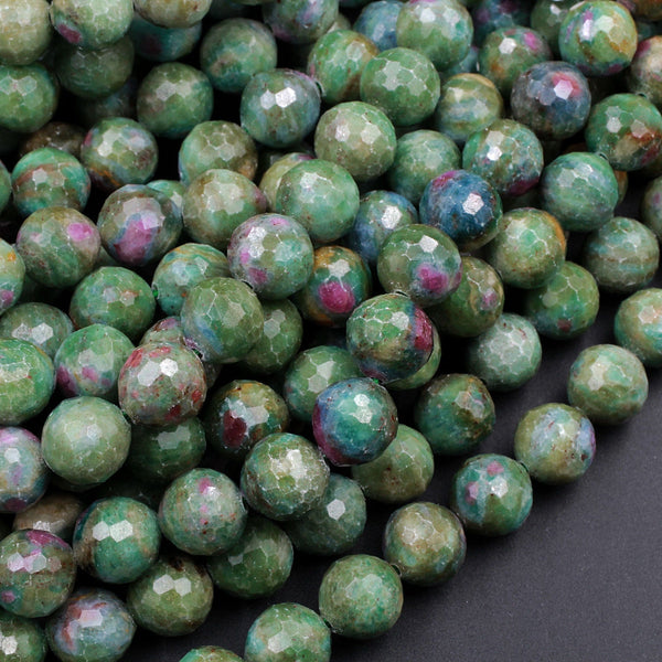 Natural Ruby Fuchsite Large Faceted Round 6mm 7mm 8mm 10mm 12mm 14mm Red Ruby Green Fuchsite Gemstone Fuschite 16" Strand
