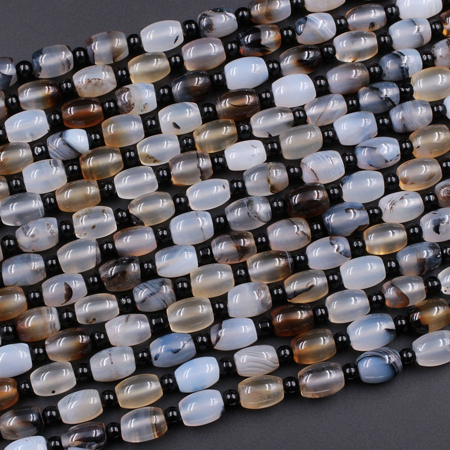 Natural Montana Agate Rounded Cylinder Barrel Drum 10x8mm Highly Polished Amazing Scenic Pattern High Quality Black White Beads 16" Strand